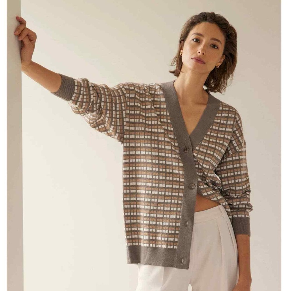 Aritzia Babaton Lacer Merino Wool Cardigan Sweater Brown White Checkered Small - Picture 1 of 17